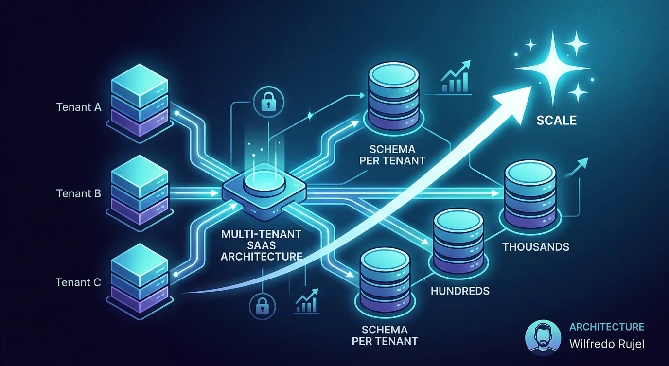 A multi-tenant architecture diagram showing shared application layer with tenant-isolated data partitions