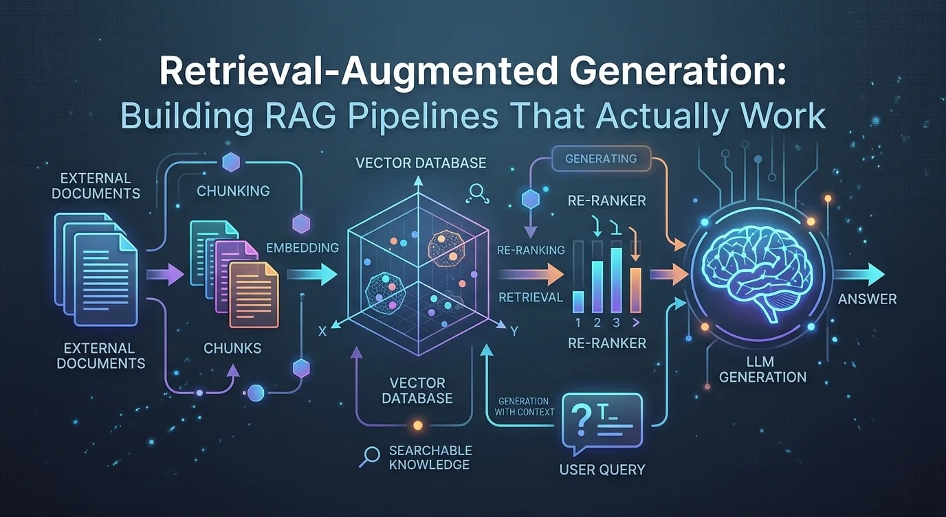 A RAG pipeline flowchart showing document chunking, embedding, vector search retrieval, and LLM generation with context injection