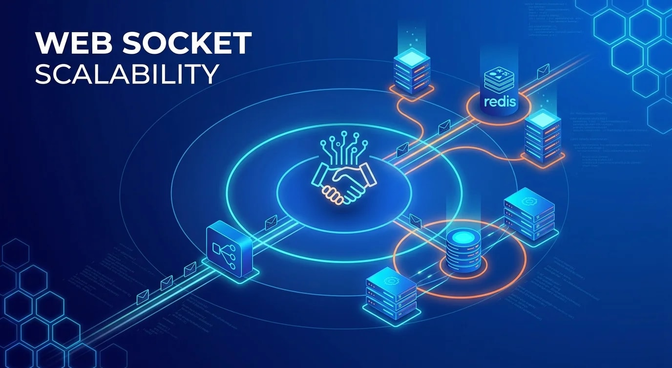 A WebSocket server architecture diagram showing load balancer distributing connections across multiple server instances with Redis pub/sub