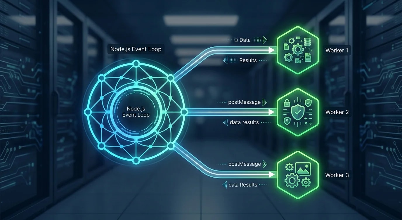 Diagram showing Node.js worker threads offloading CPU computation from the main event loop