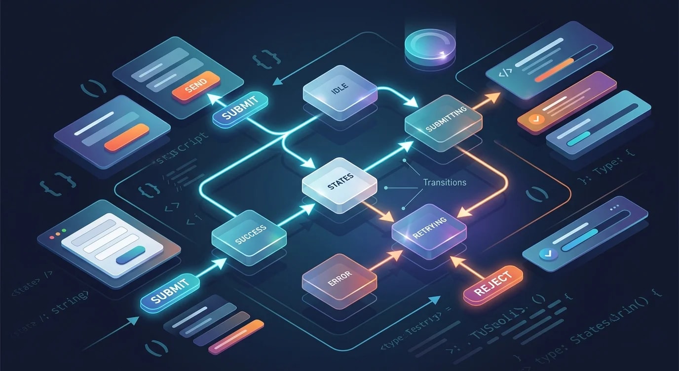 TypeScript-Code, der eine Finite-State-Machine-Transitionsdefinition für einen Formular-Submit-Flow zeigt