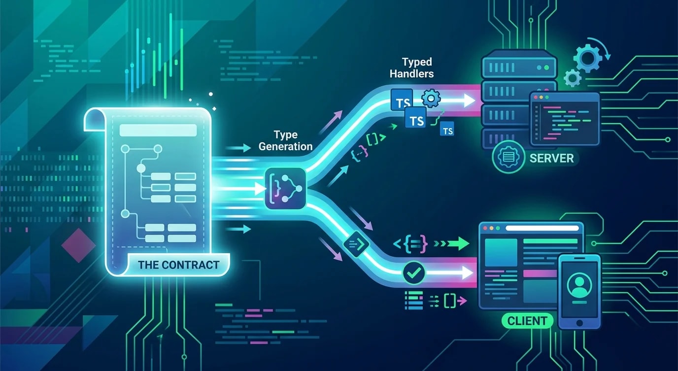 OpenAPI YAML spec alongside generated TypeScript types showing contract-first API design