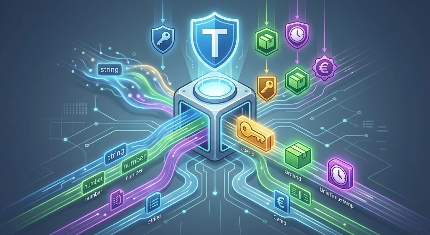 TypeScript code demonstrating branded type declarations for UserId, OrderId, and Cents domain types