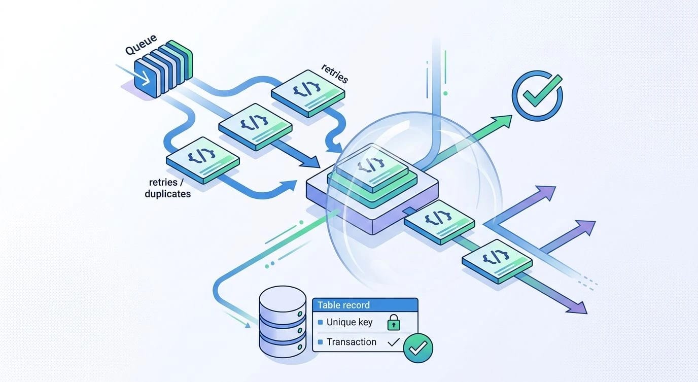 Diagram showing a background job being retried multiple times while a database enforces idempotency through a unique constraint