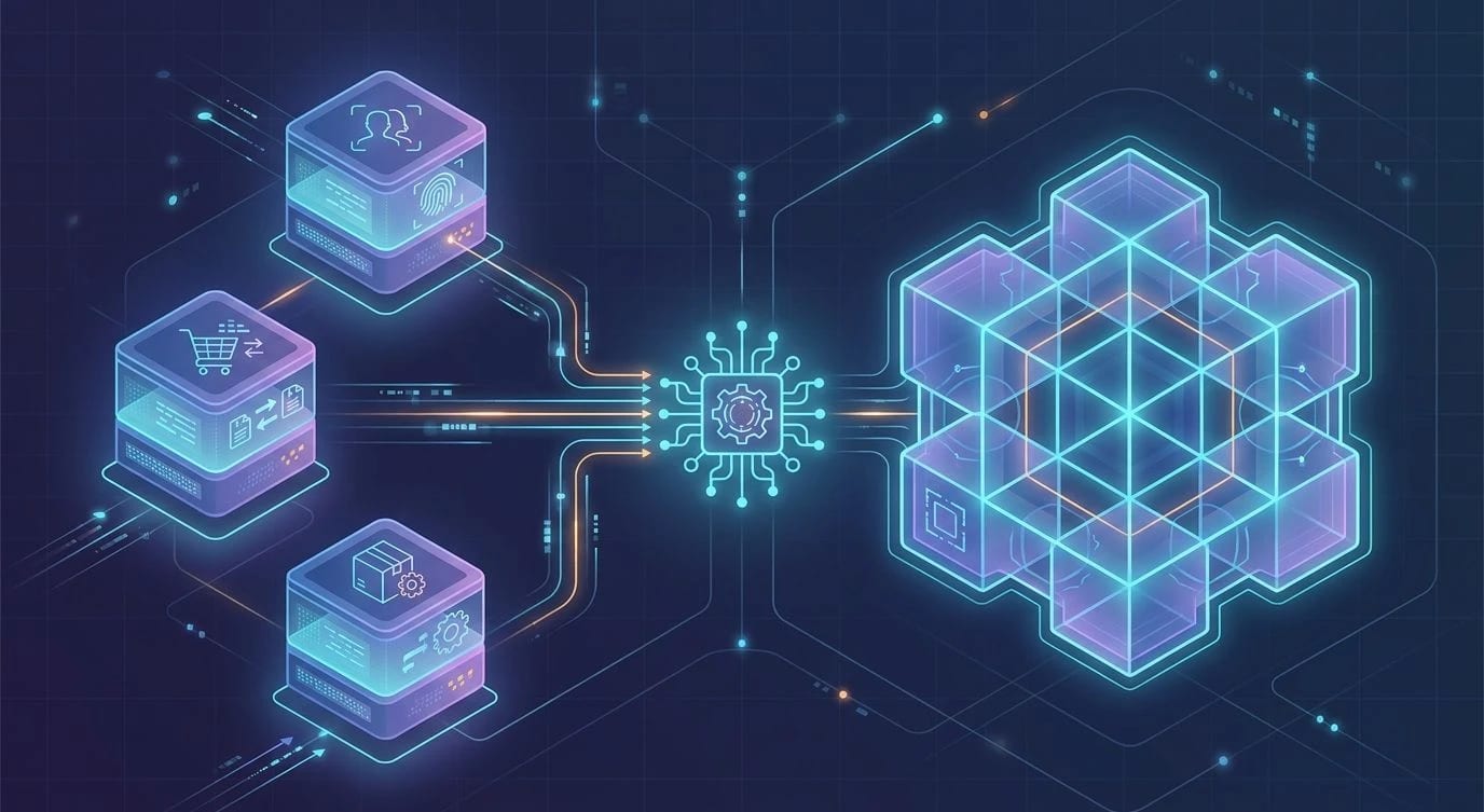 Diagram showing multiple GraphQL subgraphs composed into a single supergraph behind a gateway