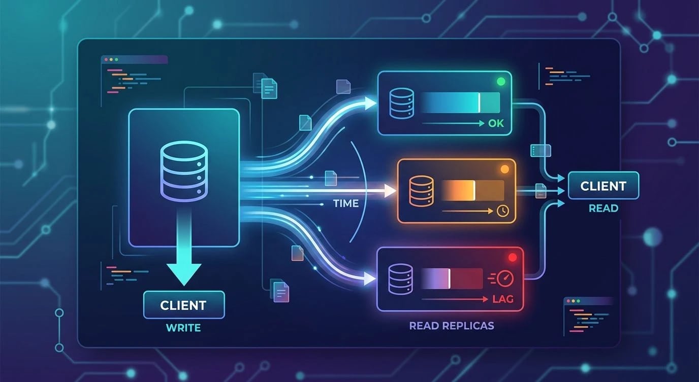 Diagramm einer Primärdatenbank, die auf mehrere nachhinkende Read Replicas schreibt