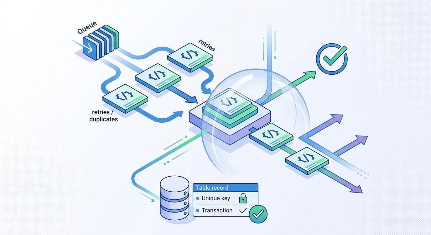 Diagrama que muestra un job en segundo plano siendo reintentado varias veces mientras una base de datos aplica idempotencia mediante una restricción de unicidad