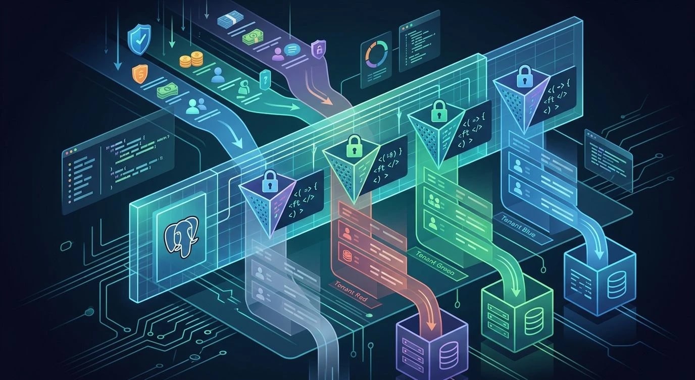 Diagrama que muestra políticas de row-level security en Postgres filtrando datos de tenants a nivel de base de datos