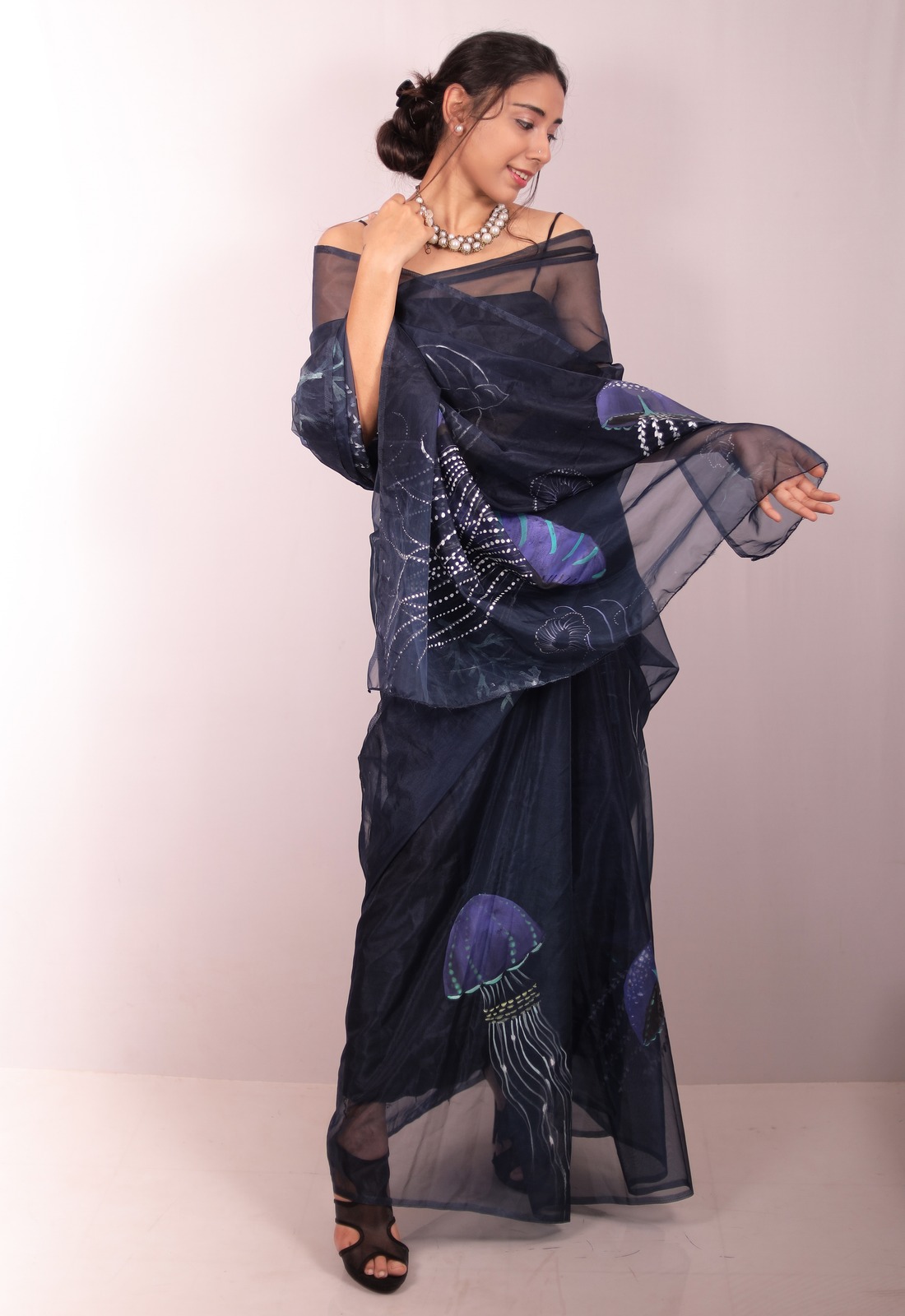 Ocean Muse Dark Blue Organza Saree — alternate view