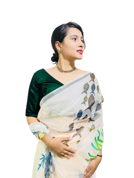 Peach Organza Handpainted Saree – Luxury Pisces Designer Statement