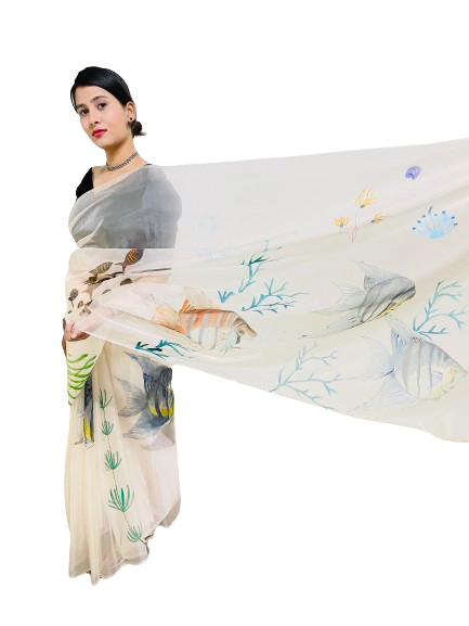 Peach Organza Handpainted Saree – Luxury Pisces Designer Statement — alternate view