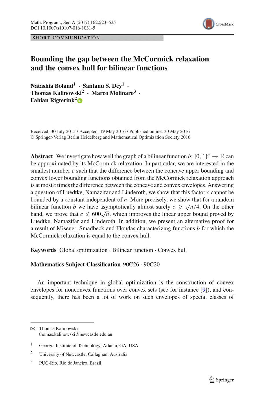 Bounding the gap between the McCormick relaxation and the convex hull for bilinear functions first page