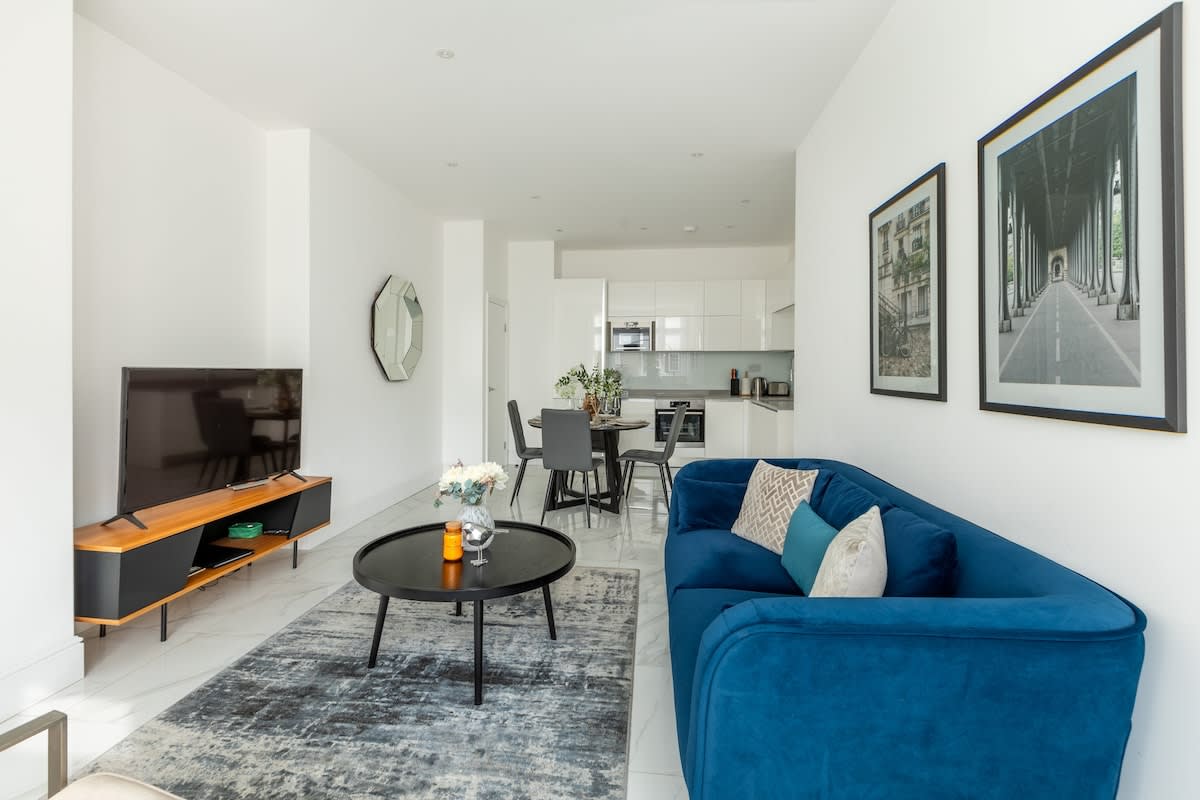 Wide view — living, dining and kitchen