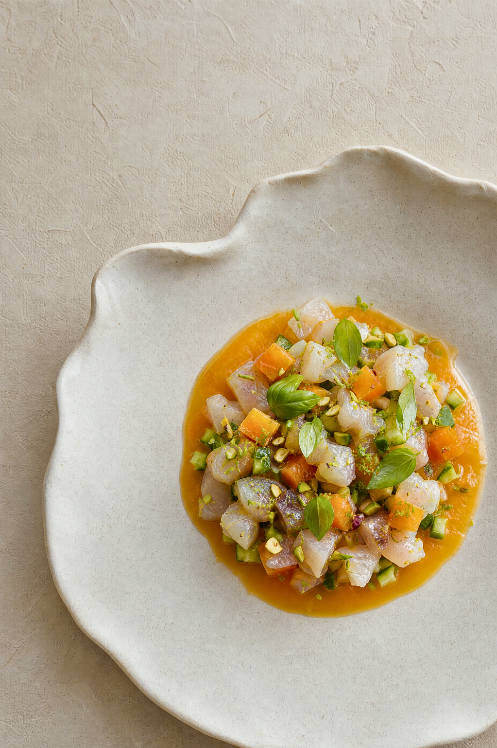Tartare de dorade, concombre & abricots snackés