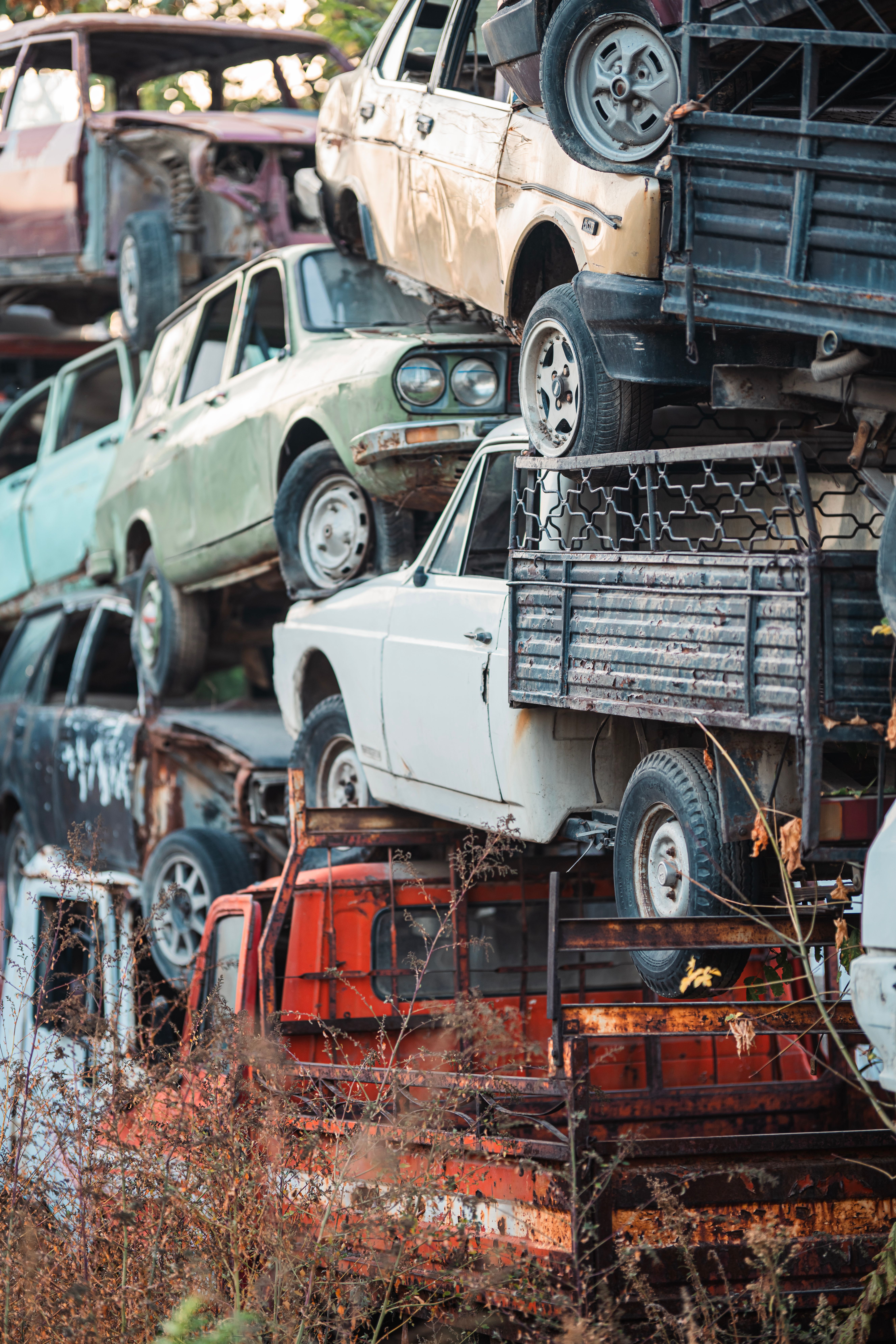 Aerial view of vehicles at an automotive salvage yard