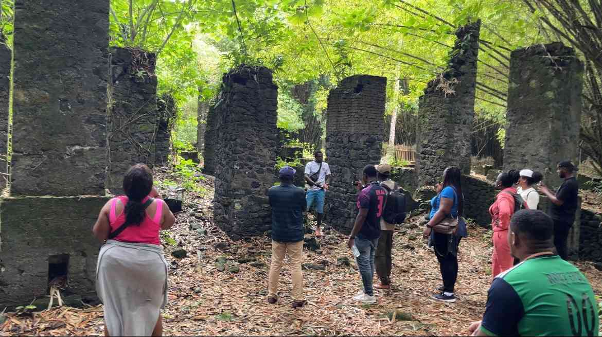 Standing among the solemn Bimbia ruins, Travelers reflect on history's shadows, guided toward understanding and remembrance under a powerful canopy.
