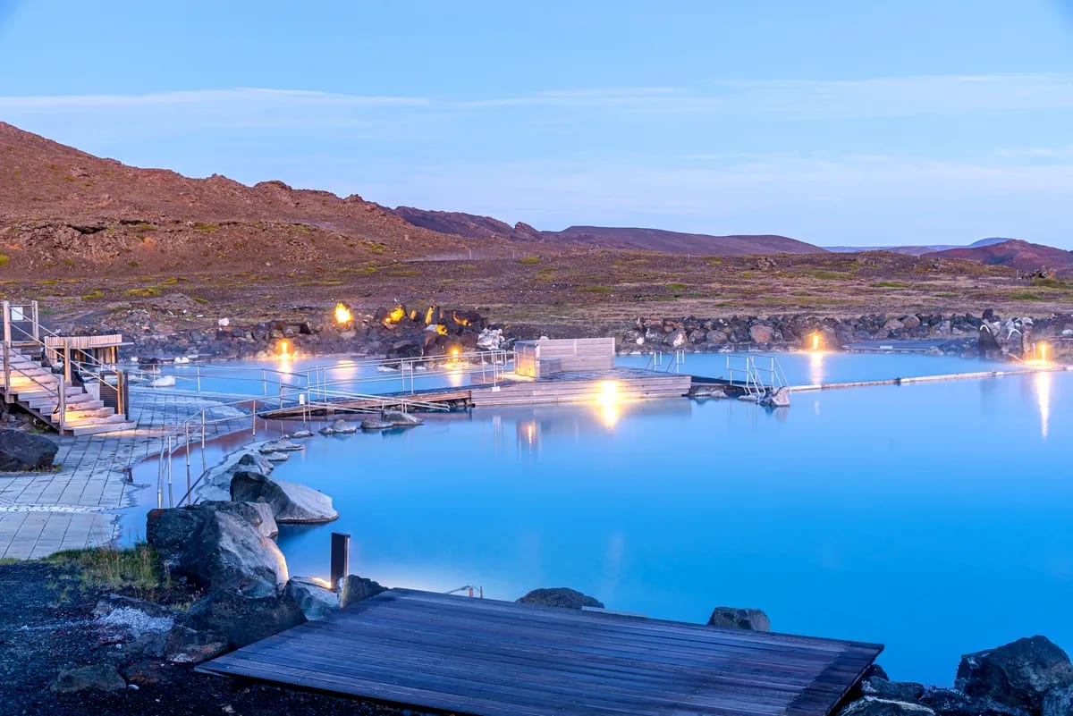 Twilight view of Myvatn Natural Baths in Iceland