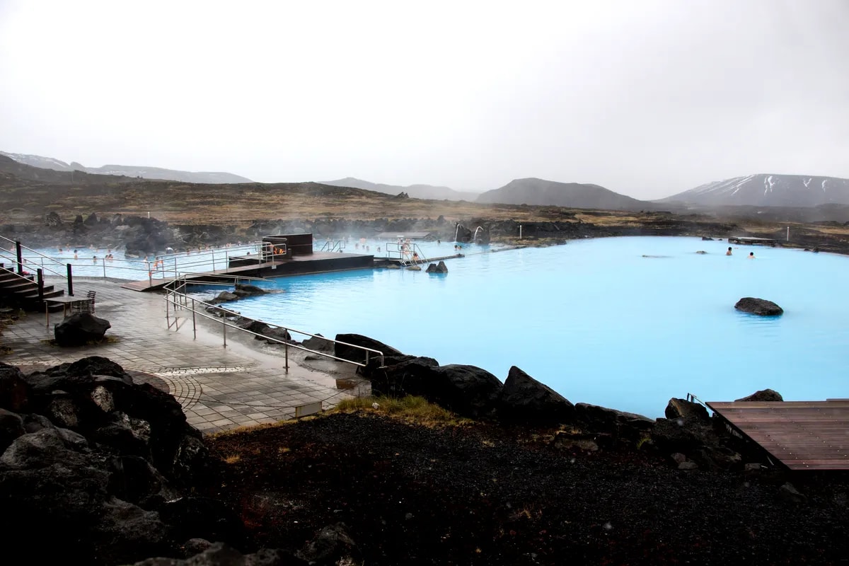 Wide view of Myvatn Natural Baths on a cloudy day