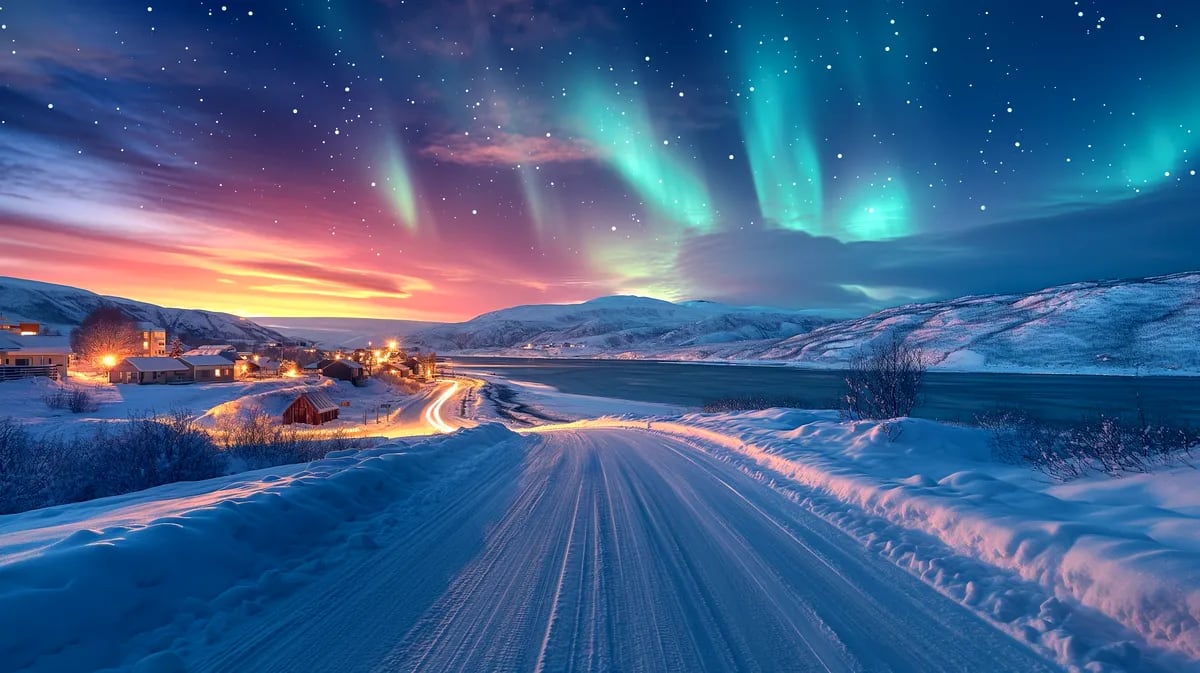 Snowy Iceland road leads to a fjord village at twilight, with teal Northern Lights, bright stars, snowy mountains, and glowing car trails.