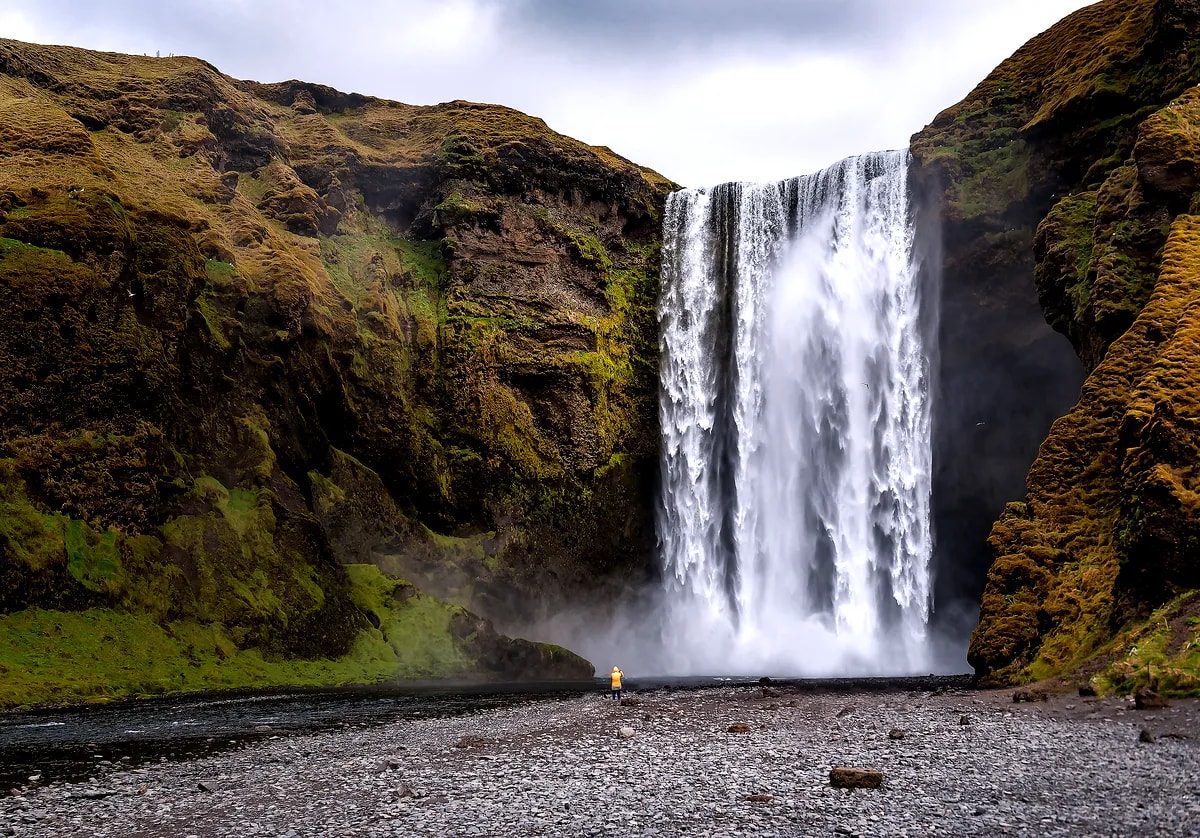 Skógafoss waterfall crashes between mossy Icelandic cliffs as a lone traveler in yellow stands on the black volcanic riverbed beneath mist