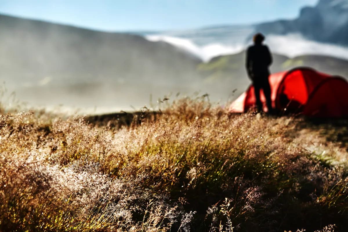 Camper beside a red tent on frosty grass in Iceland, with soft morning light, misty mountains and glacier views during a December trip
