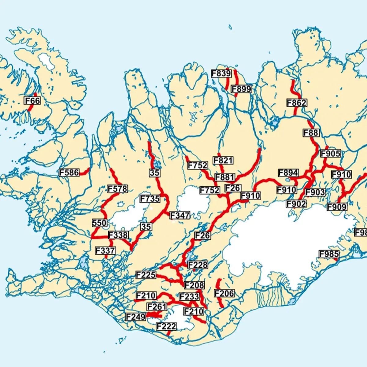 Map of Iceland highlighting F-Road routes in red across the Highlands, with numbered mountain roads, glaciers, rivers and coastal roads