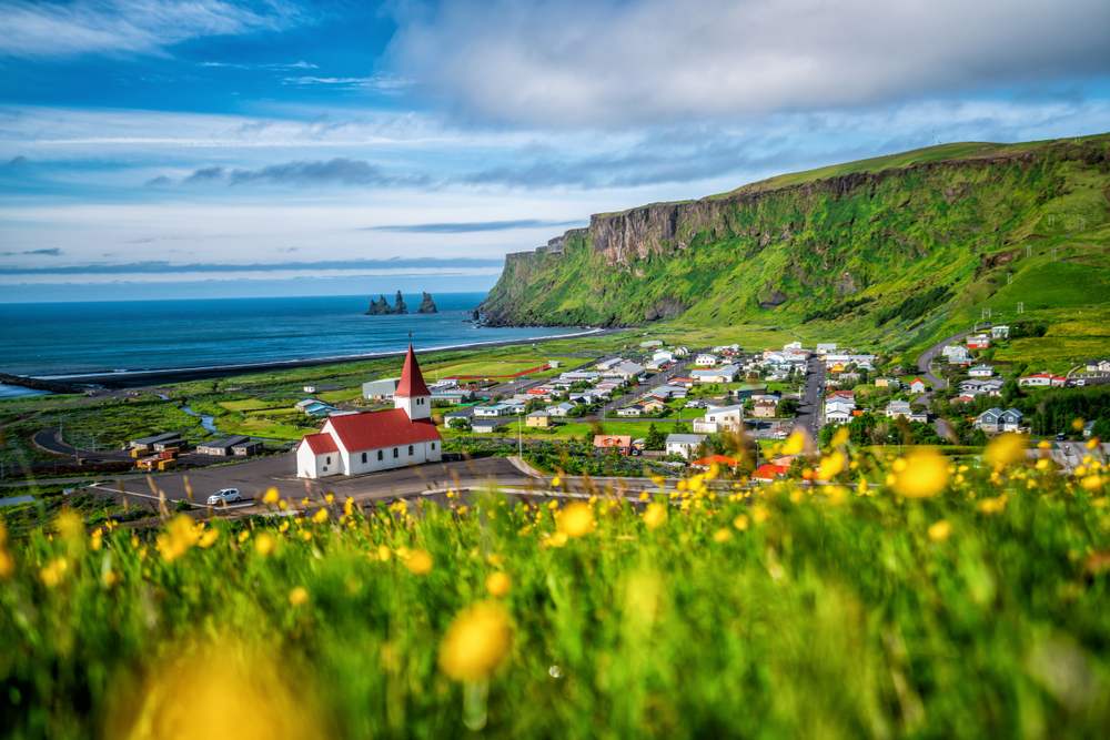 Summer view of Vik, Iceland with red-roofed church, green cliffs, wildflowers, black sand coast and nearby Reynisdrangar sea stacks