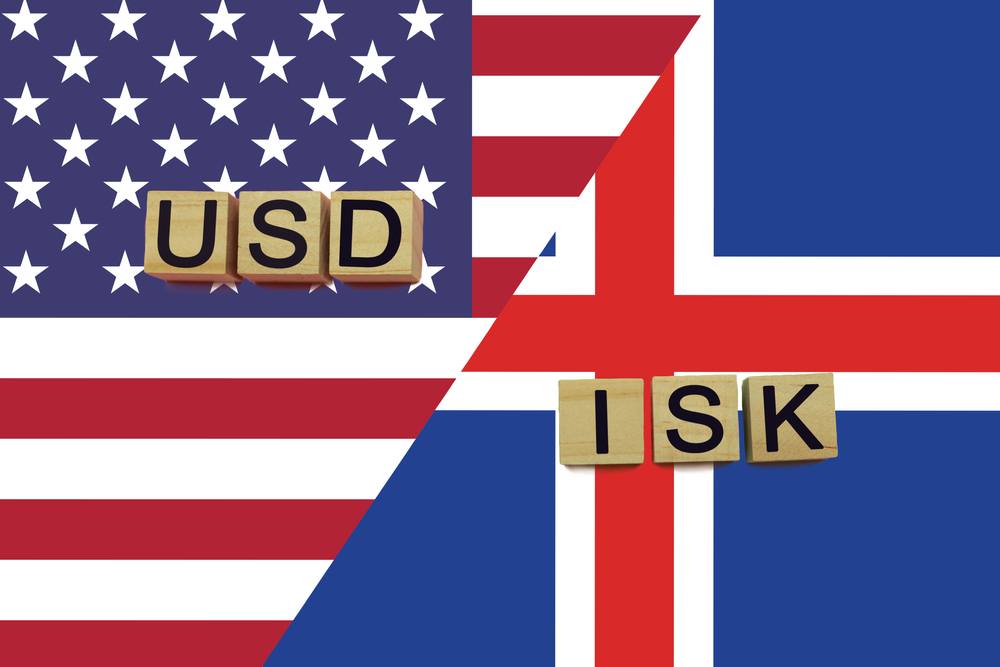 US and Icelandic flags split diagonally with wooden USD and ISK letter tiles, illustrating currency exchange for Americans traveling to Iceland.