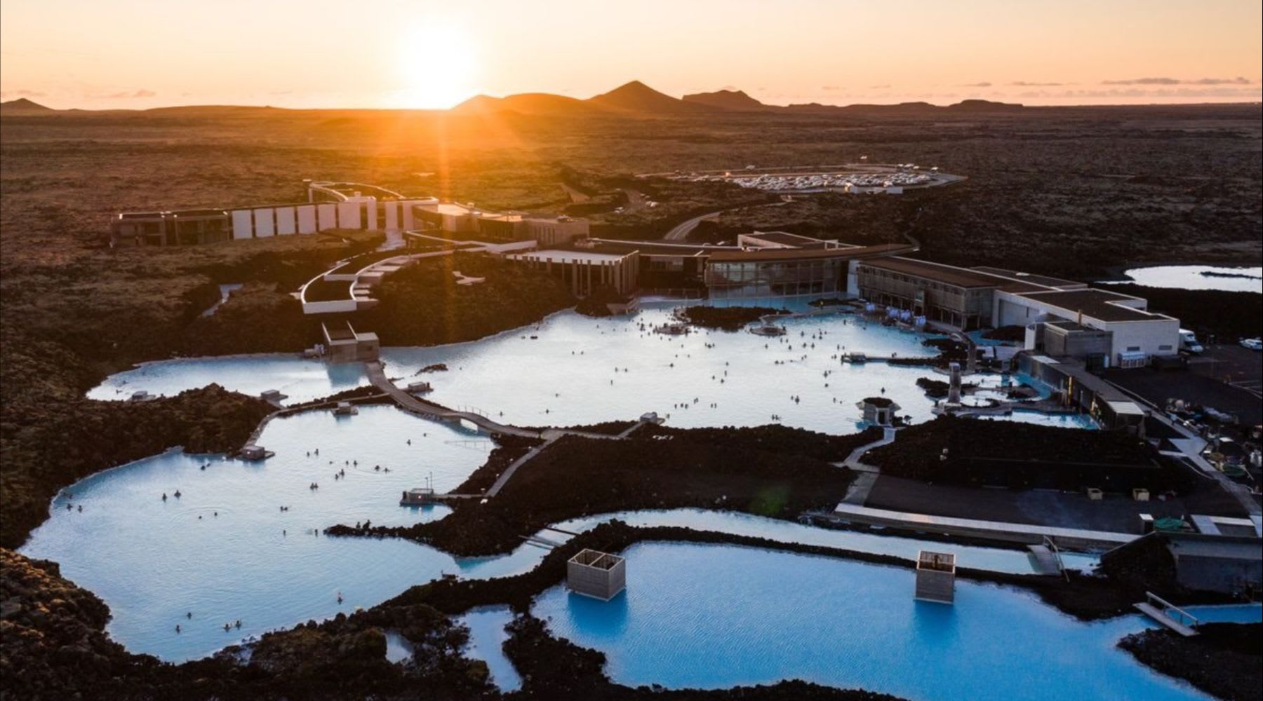 Drone view of the Blue Lagoon's intensely blue waters in Iceland.
