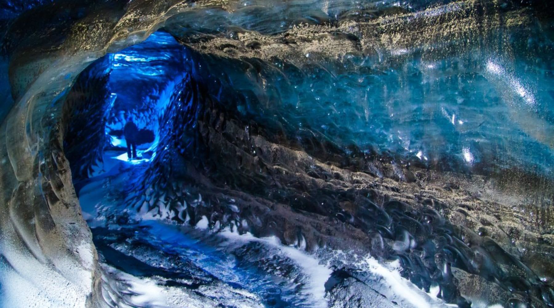 Walls with various shades of blue in an ice cave in Iceland.