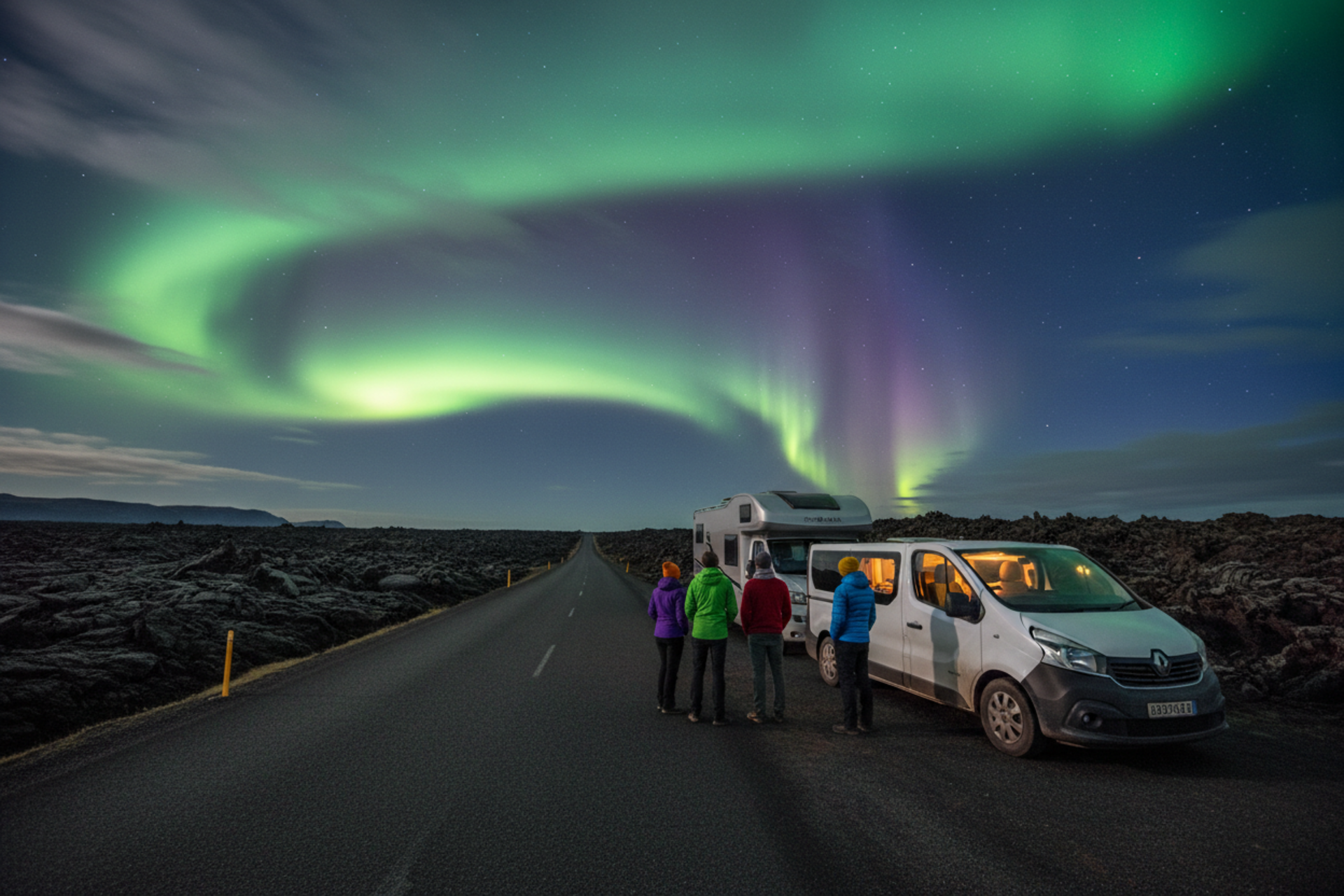 Gruppe af rejsende ved siden af en 4x4-campervan, der ser nordlyset på en mørk vej