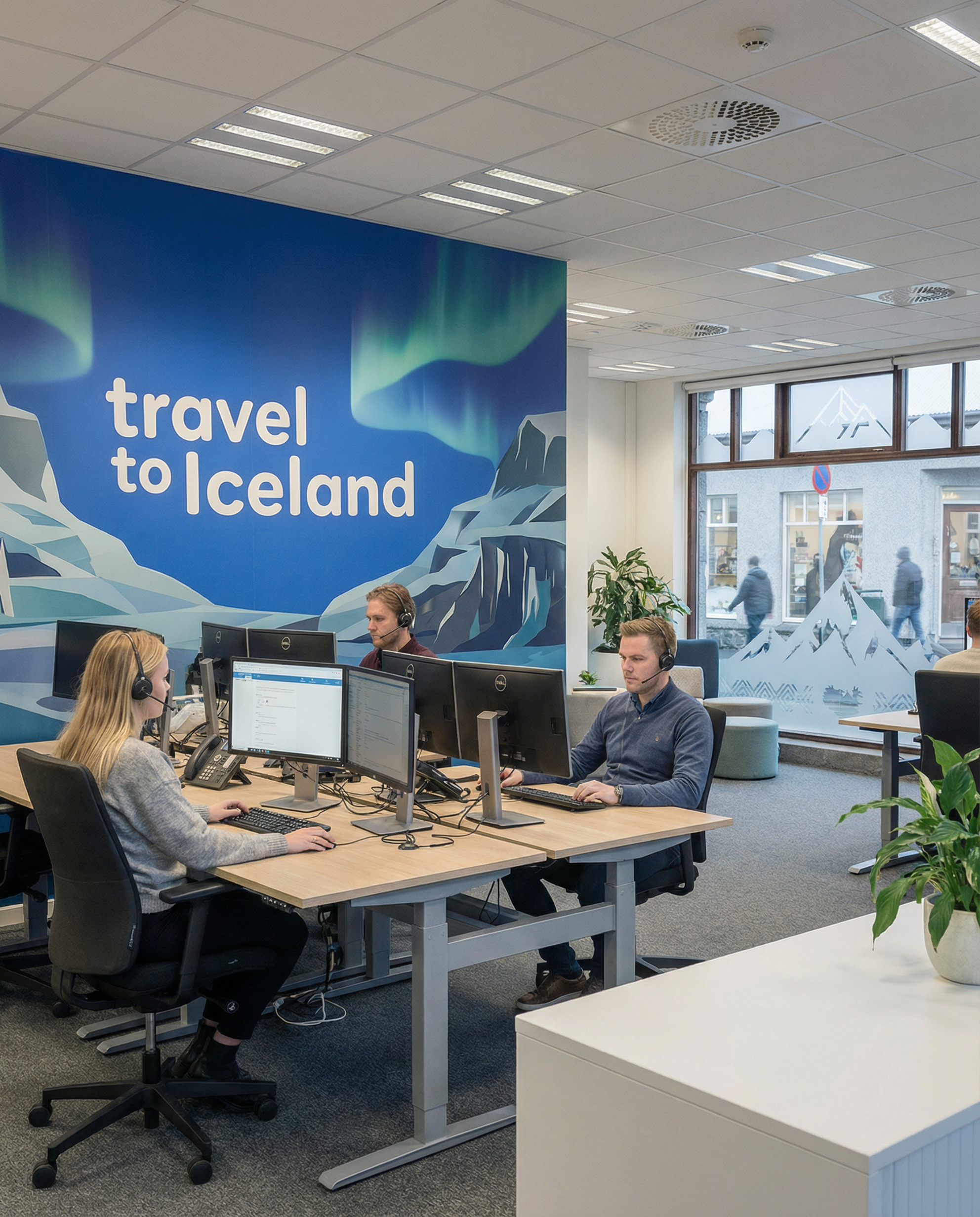 通行人が行き交うTravel to Icelandのオフィス店頭の街並み