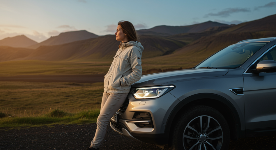 Kvinde, der læner sig op ad en parkeret SUV og ser ud over et islandsk bjerglandskab ved solnedgang