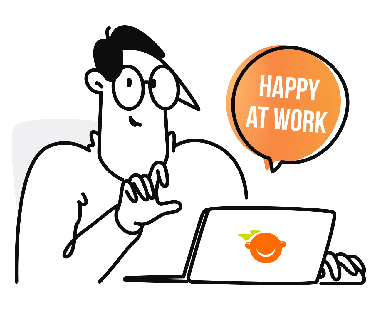 Cartoon image of man sitting in front of his laptop with a speech bubble that reads "Happy at Work". 