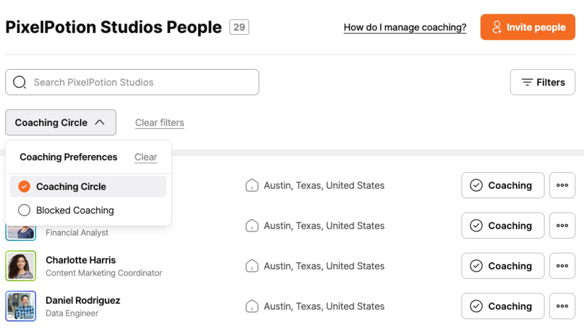 View of the Happy People Directory, showing how someone can filter their view to see their Coaching Circle more easily. 