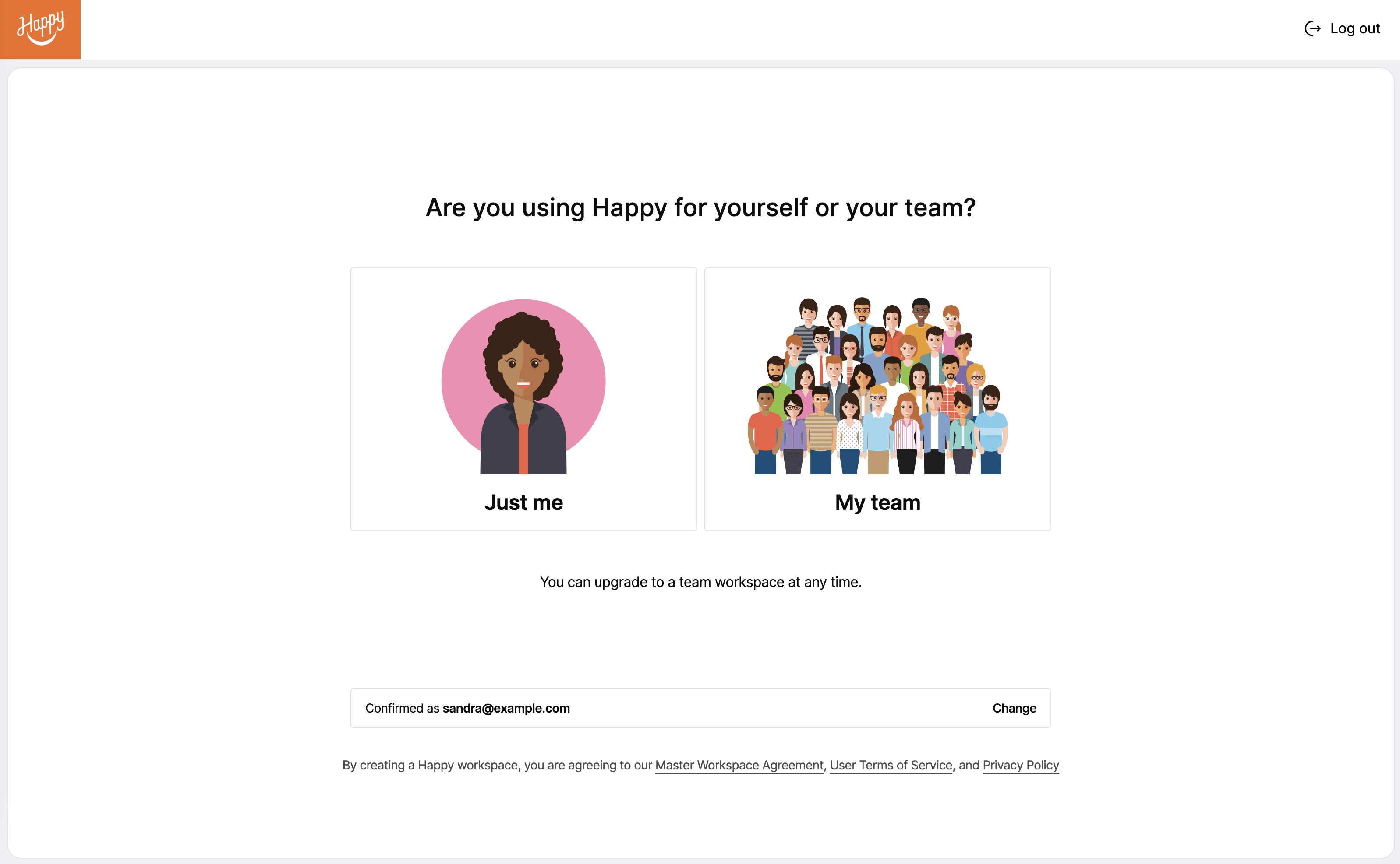 Image showing a preview of the sign up experience where a user can select between an individual Happy account or a free team workspace. 