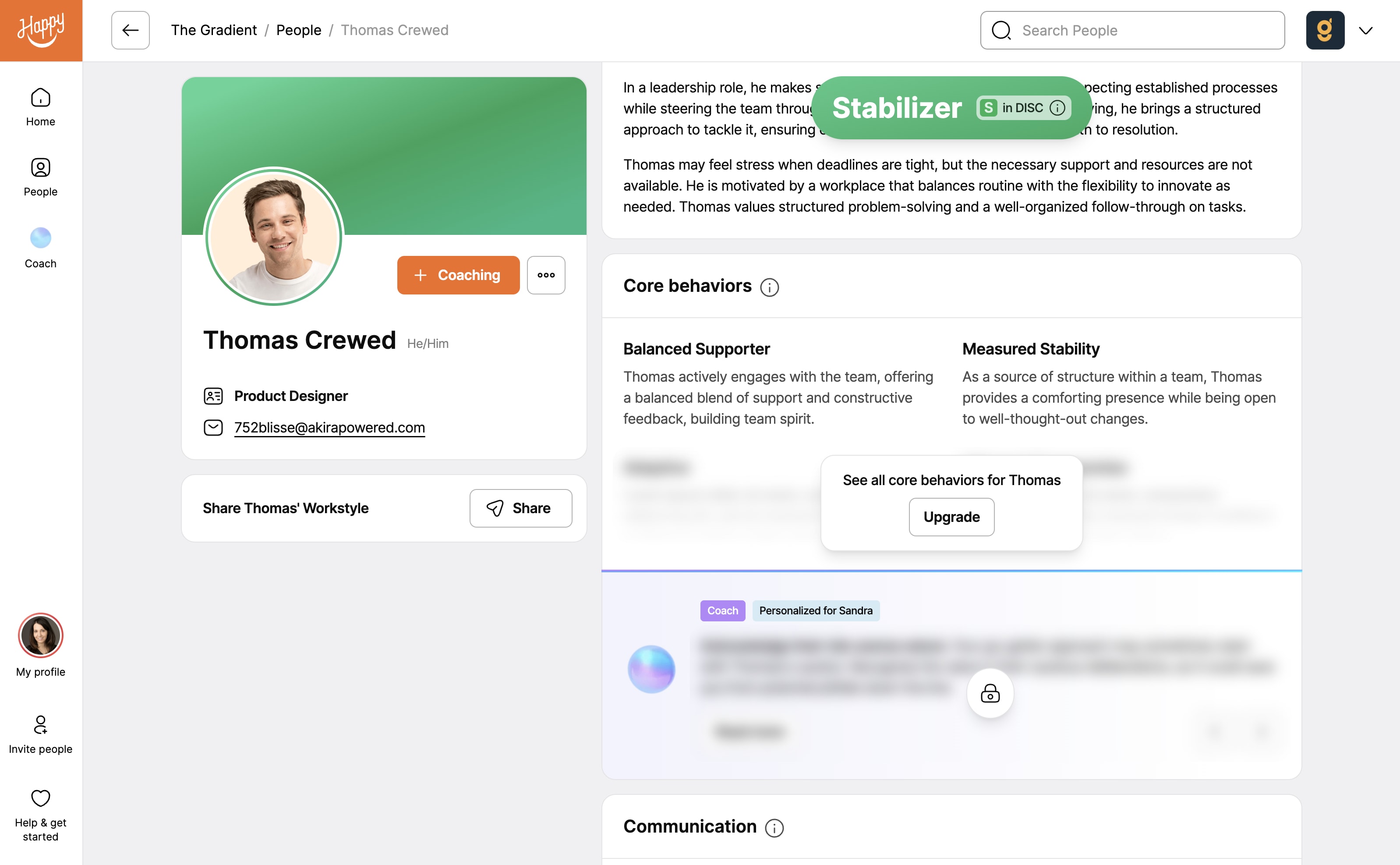 Image showing a preview of the full free Happy Workstyle Report, highlighting key insights like Core Behaviors and Communication. 