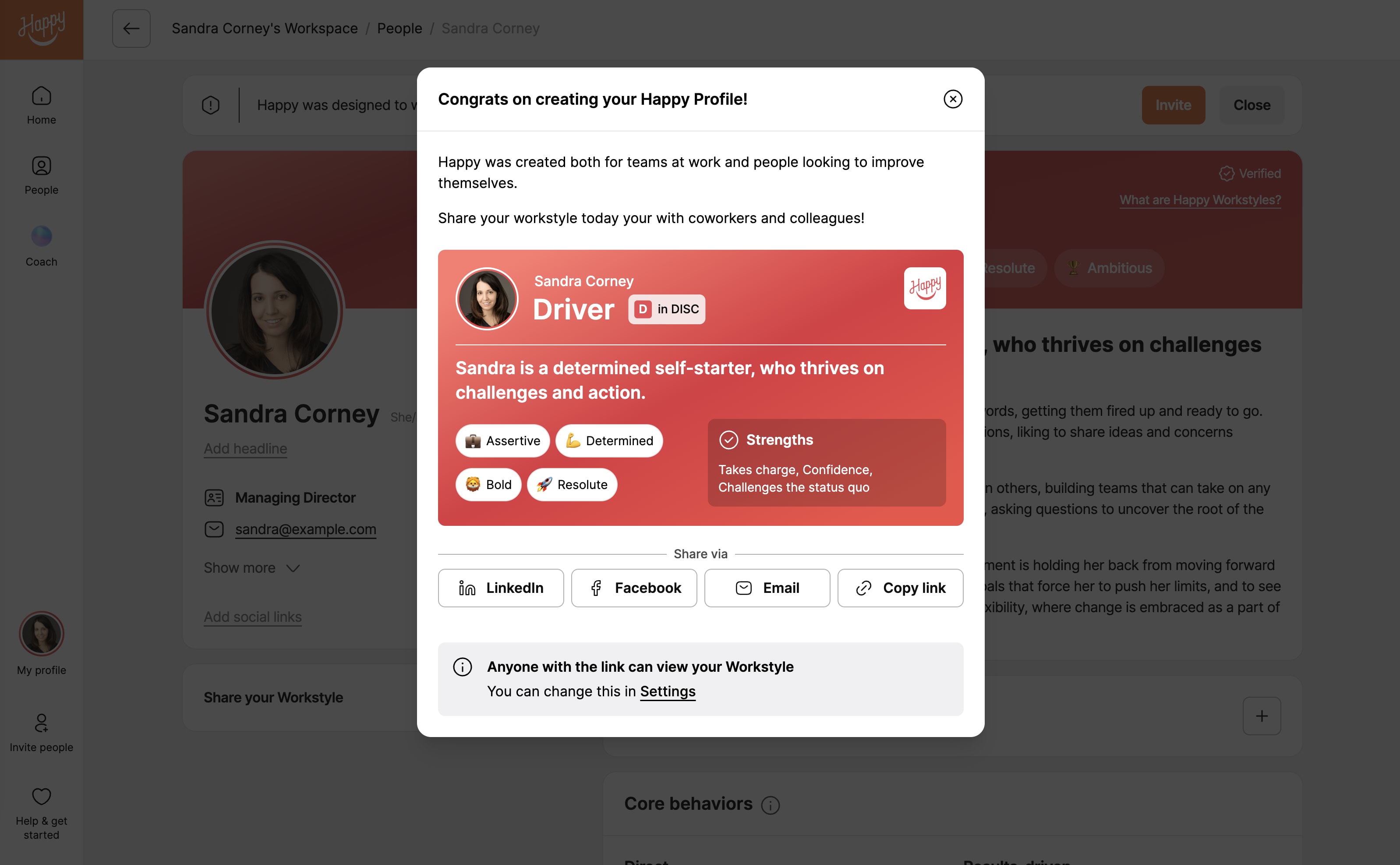 Image showing an example of the Happy Profile, highlighting the share feature which allows users to share their profile with anyone with the click of a button. 