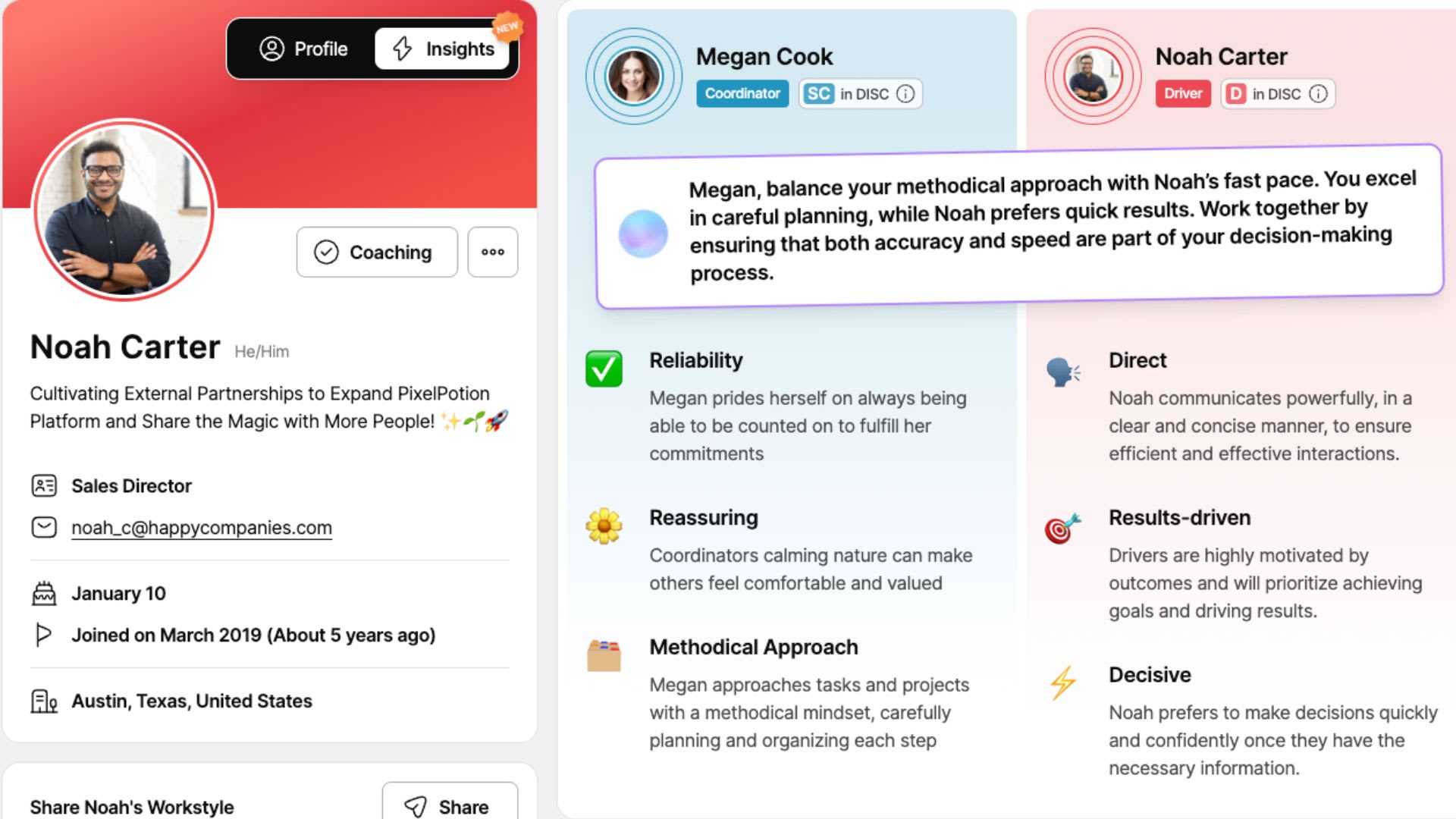 image showing the happy behavioral comparison between two user styles, demonstrating  how the tool can be used to enhance communication. 