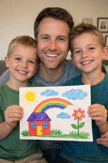 Ben and his children holding a drawing