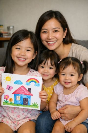 Emily smiling with her children holding artwork