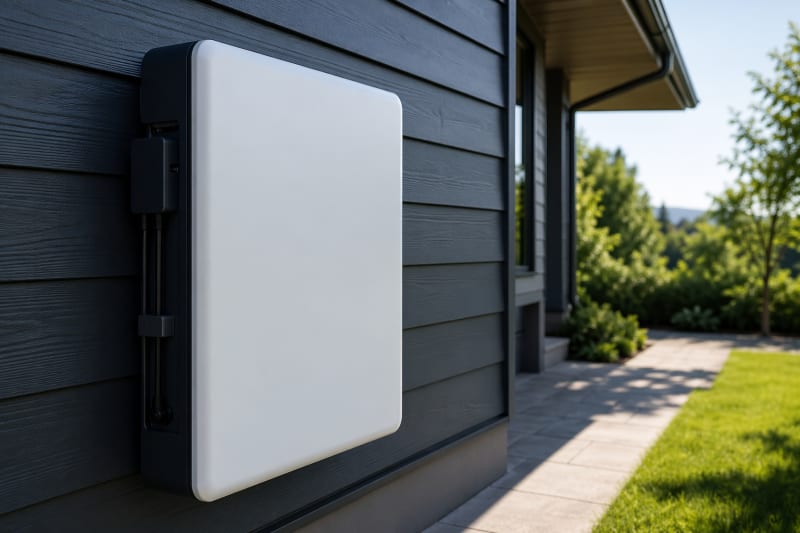 Home battery backup unit mounted on exterior wall