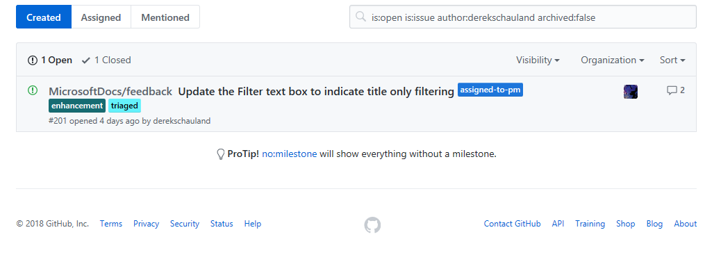 An open issue on GitHub for changes to the Table of Contents filter box on https://docs.microsoft.com