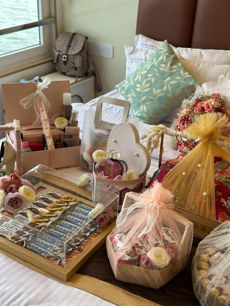 Gift hampers with chocolates and flowers