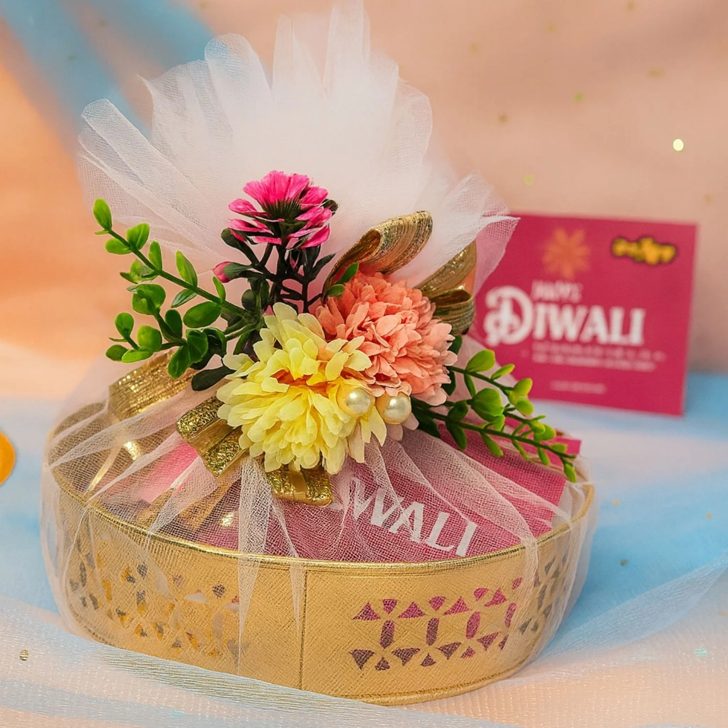Bright festive gift boxes with ribbon bows