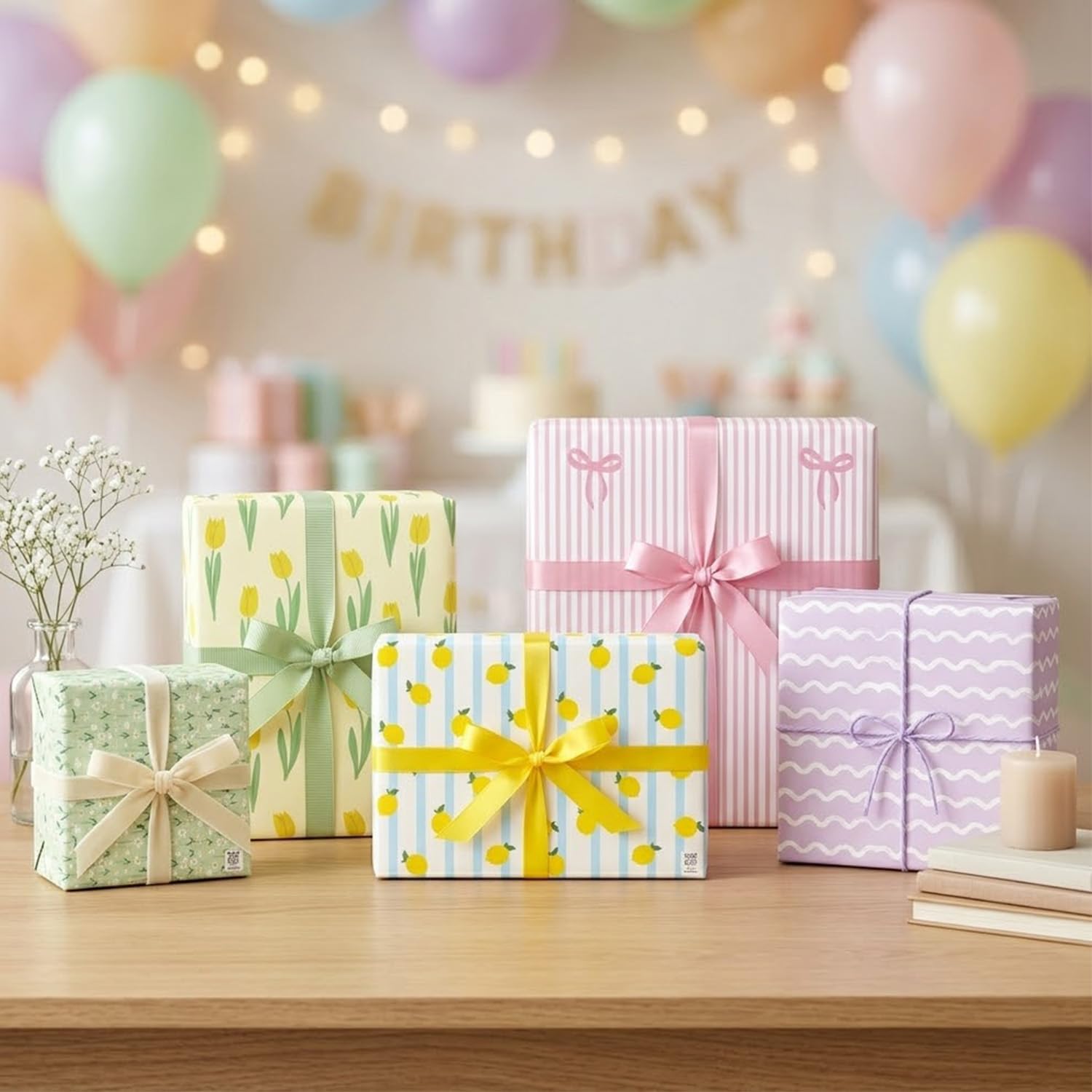 Pastel birthday gift boxes with satin ribbons