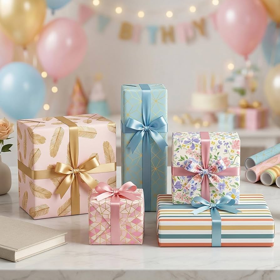 Stacked birthday gifts with cupcakes and party confetti