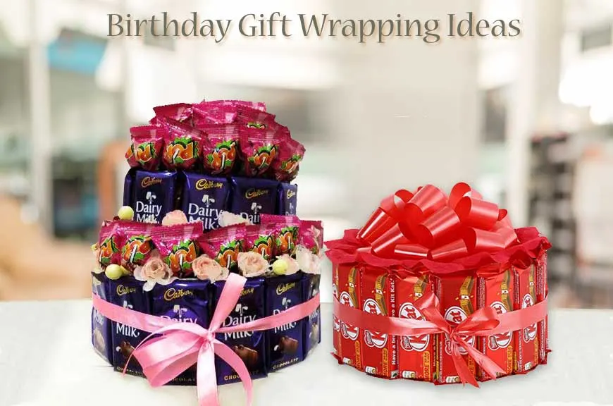 Birthday gift wrapping with balloons and birthday banner