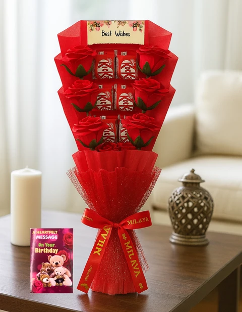 Red rose and KitKat chocolate birthday bouquet