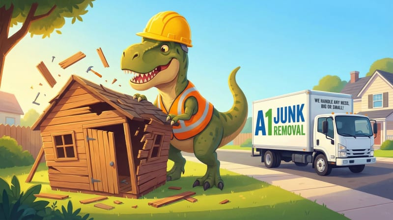 Shed demolition and removal service in Omaha NE by A1 Junk Removal and Tree Service — wood, metal, and plastic sheds